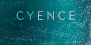 Cyence logo with scientific numbers and letters on blue background